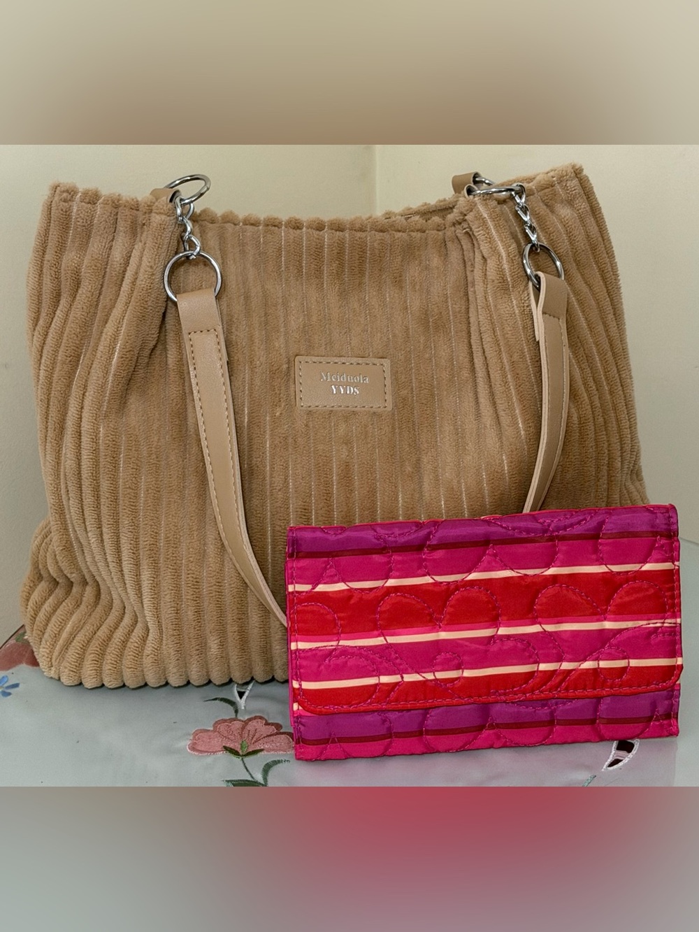 Tan Plush Corduroy Tote Bag with Wallet